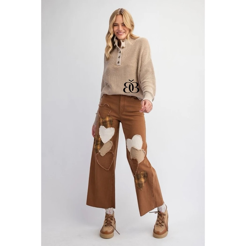 Easel Wood Brown Heart Patch Wide Leg Jeans | High Waist Stretchy Boho Denim - Picture 6 of 7